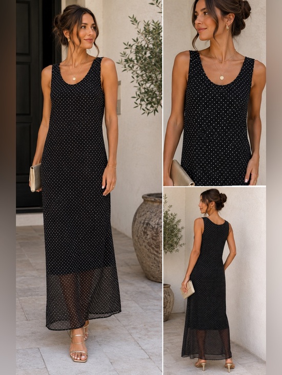 Style Exchange Vintage Dresses & Skirts - Vintage Style Exchange Black Polka Dot Mesh Maxi Dress Size Large